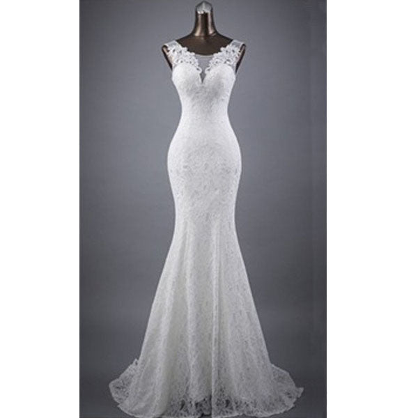 Elegant Sleeveless Mermaid Lace Up Popular White Lace Wedding Dresses, WD0142 - Wish Gown